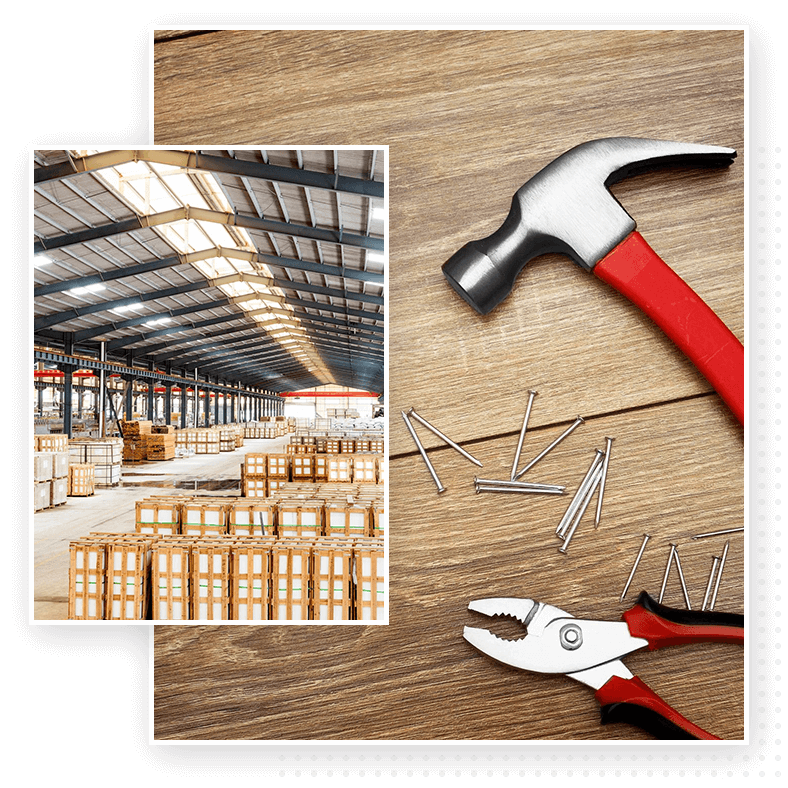 A hammer, pliers and nails in an industrial setting.